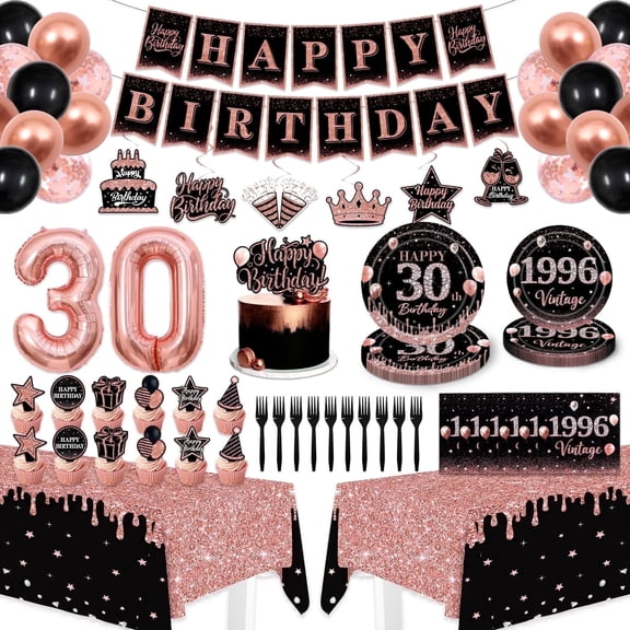 Dirty Thirty Birthday Decorations, 30th party decorations,Black and Rose Gold 30th Party Supplies Kit with Banner Backdrop Balloons Cake Toppers Tableware