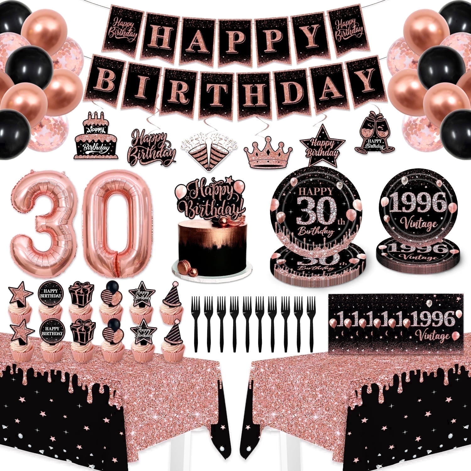 Dirty Thirty Birthday Decorations, 30th party decorations,Black and Rose Gold 30th Party Supplies Kit with Banner Backdrop Balloons Cake Toppers Tableware