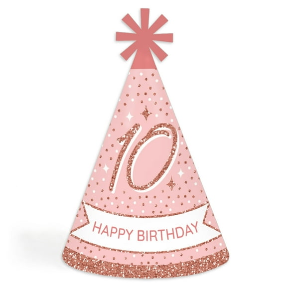 Big Dot of Happiness 10th Pink Rose Gold Birthday - Cone Happy Birthday Party Hats for Kids and Adults - Set of 8 (Standard Size)