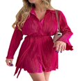 thumbnail image 4 of Robe Courte Plissée pour Femme à Imprimé Floral, Décolleté en V Profond, Robe d'Été à Manches Longues avec Cordon de Serrage, Robe Chemise à Nouer, Tenue de Boîte de Nuit, Rose Rouge, m, 4 of 7