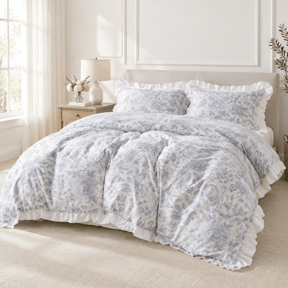 Blue Floral White Ruffle Queen 3-Piece Cotton Duvet Cover Set