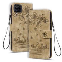 Dteck for Samsung Galaxy A12 Case, PU Leather Embossed Comic Flip Wallet Case with Cart Slot Hand Strap and Kickstand Shockproof Protective Case for Samsung Galaxy A12 6.5" 2020 Women Men, Brown