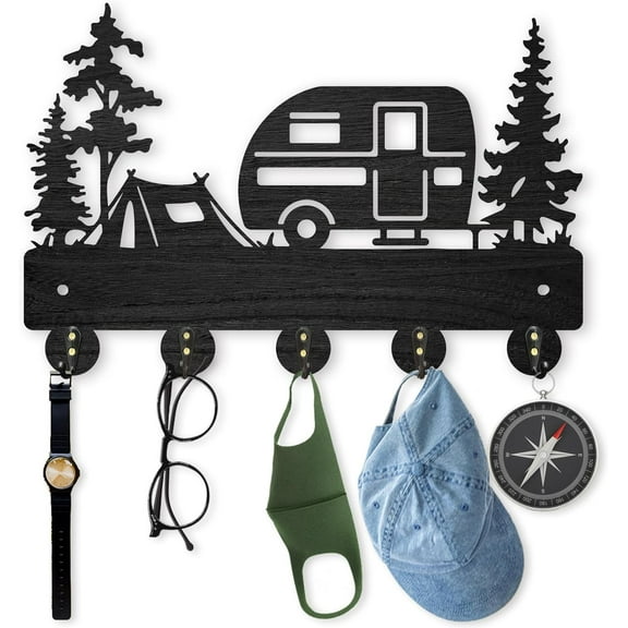 Camper Wall Mount Coat Rack Wooden Camping Key Holder for Wall 11.8×8inch Outdoor Key Rack Hanger Camping Key Hook Durable 5 Alloy Hooks for Camping Decor Accessories Travel Trailers Gift