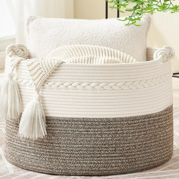 Large Blanket Basket (20"x13"),Woven Baskets for storage Baby Laundry Hamper, Cotton Rope Blanket Basket for Living Room, Laundry, Nursery, Pillows, Baby Toy chest (White/Beige)
