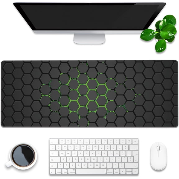Desk Pad, Green Honeycomb Science Technology Extended Gaming Mouse Pad Large, 31.5"x11.8" Big Mouse Pad with Non-Slip Base and Stitched Edge, Long Computer Keyboard Mouse Mat for Home Office Work