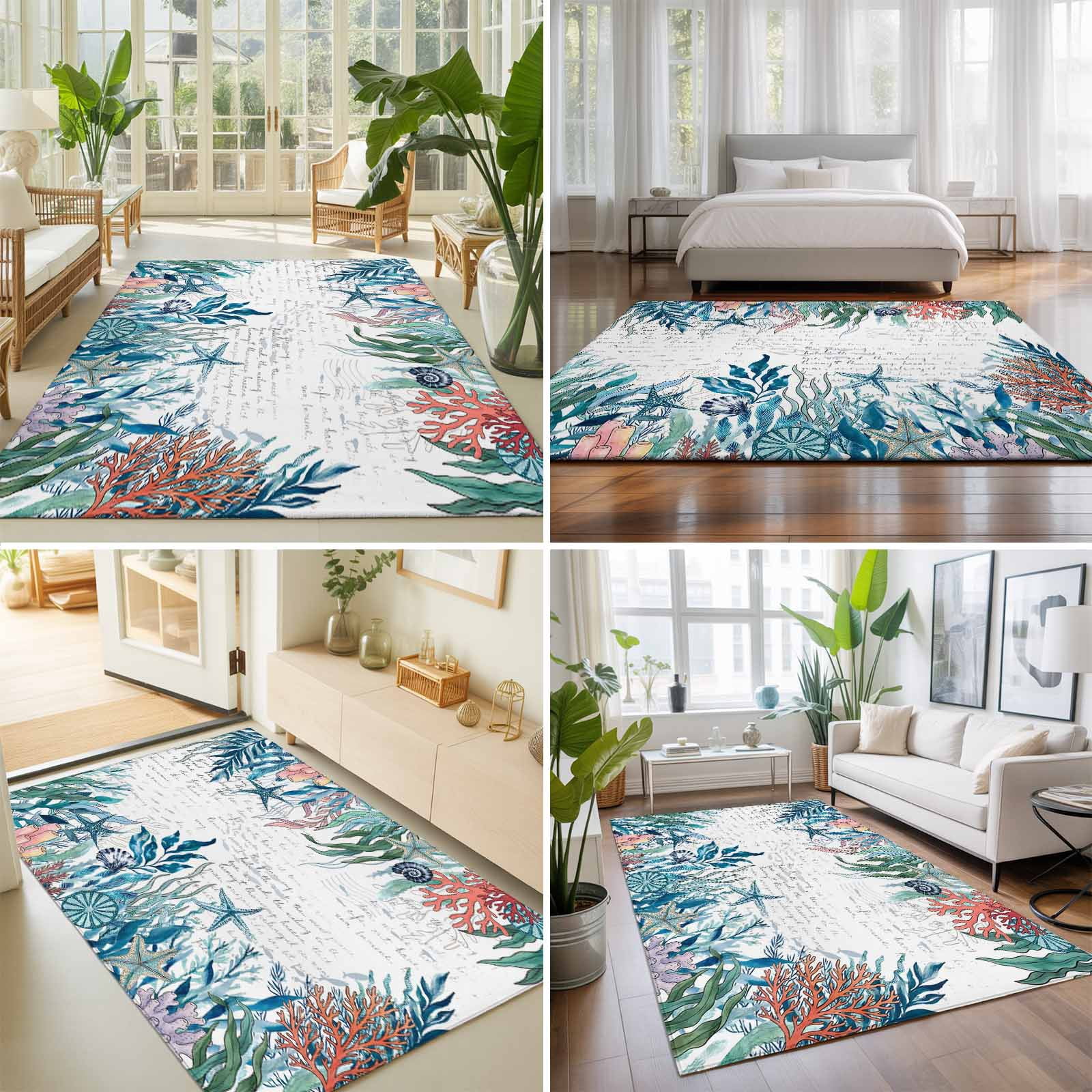 Area Rugs 4'x6'. Coastal Teal Seaweed Carpet Runner Indoor Outdoor Rugs Home Decor Aesthetic, Summer Beach Coral Starfish Retro Non Slip Mats Washable Accent Rug for Living Room Bedroom