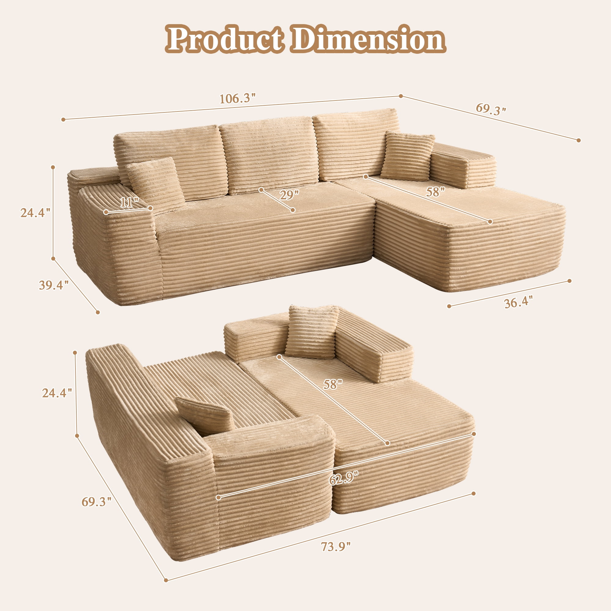 Ovios 106" Cloud Sofa Couch No Assembly Boneless Deep Seat Sofa for Living Room, Beige(Plush Corduroy)