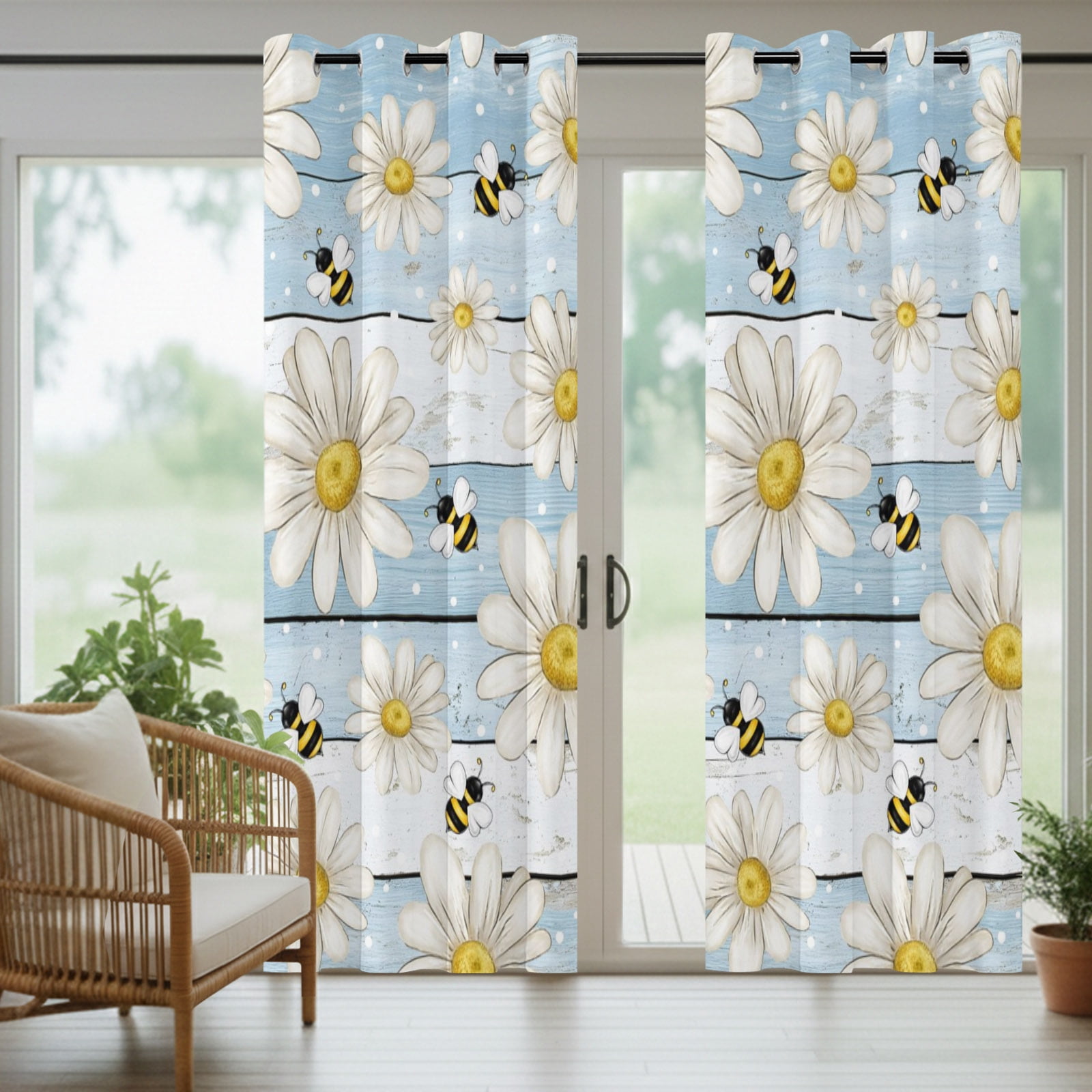 White Floral Outdoor Curtains for Patio, Vintage Daisy Farmhouse Bee Rustic Summer Blue Striped Sunshade Privacy Drapes Grommet Waterproof Outside Curtains for Porch/Cabana/Balcony 54"x 108", 1 Panel