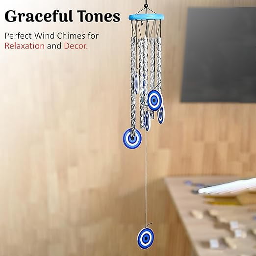 Evil Eye Wind Chime for Home Décor, 27-Inch Turkish Evil Eye Wind Chime with 5 Silver Pipes for Positive Energy, Wall Hanging, Living Room, Balcony & Garden Indoor and Outdoor Use Housewarming Gift