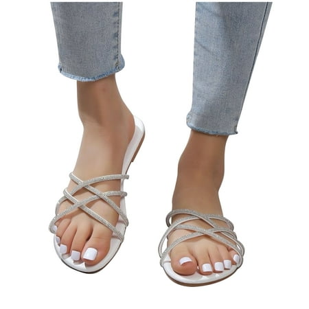 

Rhinestone Slide Sandals Women Girls Dressy Low Wedge Sandal Summer Beach Cute Slip on Slippers Boho Glitter Open Toe Flat Sandals