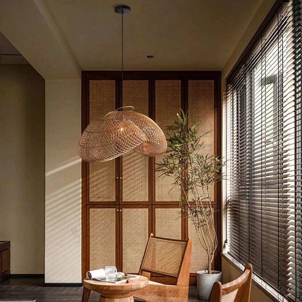LittleGlovo Handmade Wabi-Sabi Rattan Woven Dining Room Pendant Lamp Wicker Light Fixture
