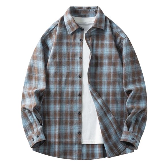 Xmyrz Mens Plaid Shirt Relaxed Fit Long Sleeve Collar Button Down Shirt Breathable Classic Basic Tops Blue L