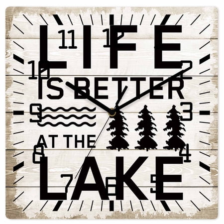 Life Is Better at The Lake Wooden Wall Clock Silent Non Ticking, Rustic Black Artistic Aesthetics Square Wall Clocks Battery Operated, Decor Clock for Home Office, Living Room, Kitchen, 10 Inch