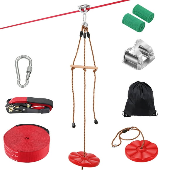 KFFKFF Zipline Equipment for Children and Adults, 65 ft Long Zipline Supports 500 lb, Outdoor Zipline, Recreational Activity in Backyard with Zipline, Nylon Protective Gear, Seating, and Handlebar