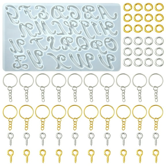1 bag DIY Keychain Making Kits Inlcluding Alphabet Pendant Silicone Molds Iron Split Key Rings & Screw Eye Pin Peg Bails Brass Open Jump Ring Platinum & Golden 155x90x6mm