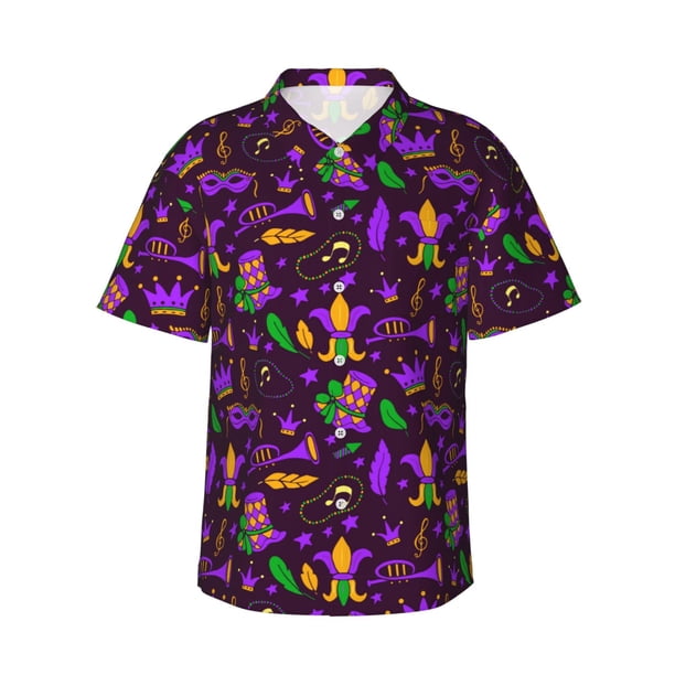 Fotbe Mardi Gra2 Camisa Hawaiana para Hombre Unisex – Camisa Casual de Verano con Botones de Manga Corta de Algodón y Lino,X-Large