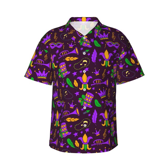 Balery Mardi Gra2 Camisas hawaianas de manga corta para hombre, camisas playeras de corte holgado, camisas de vacaciones con botones,XX-Large
