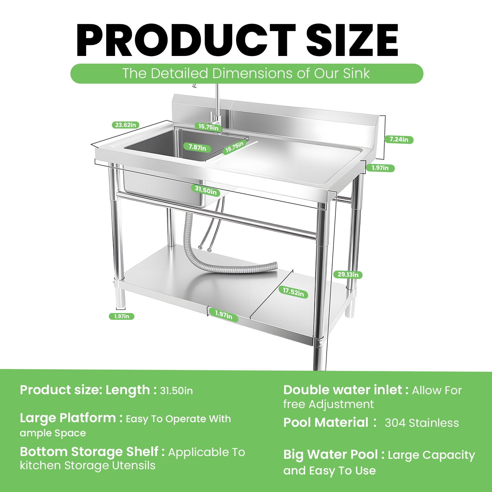 Stainless Steel Laundry Sink Utility Sink, Wall-Mounted Commercial Single Bowl Sinks Kitchen Sink with Worktable Cutting Board Faucet for Garage Farmhouse Outdoor Indoor