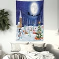 thumbnail image 3 of Christmas Tapestry, Winter Season Snowman Xmas Tree Santa Sleigh Moon Present Boxes Snow and Stars, Wall Hanging for Bedroom Living Room Dorm Decor, 60W X 80L Inches, Blue White, by Ambesonne, 3 of 5