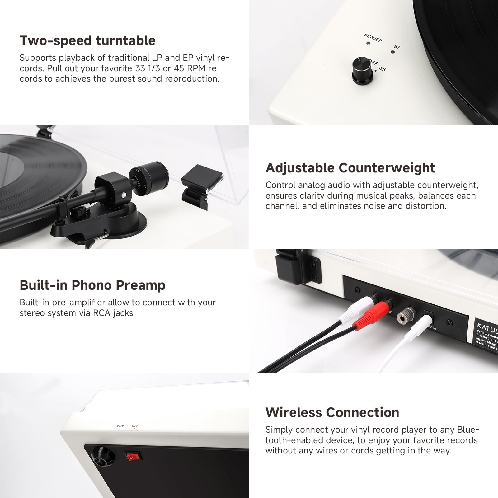 Vinyl Record Player with Bluetooth Connection, High-Fidelity Turntable  Record Player Bluetooth, Built-in Pre-amp, Adjustable Counterweight,  Wireless