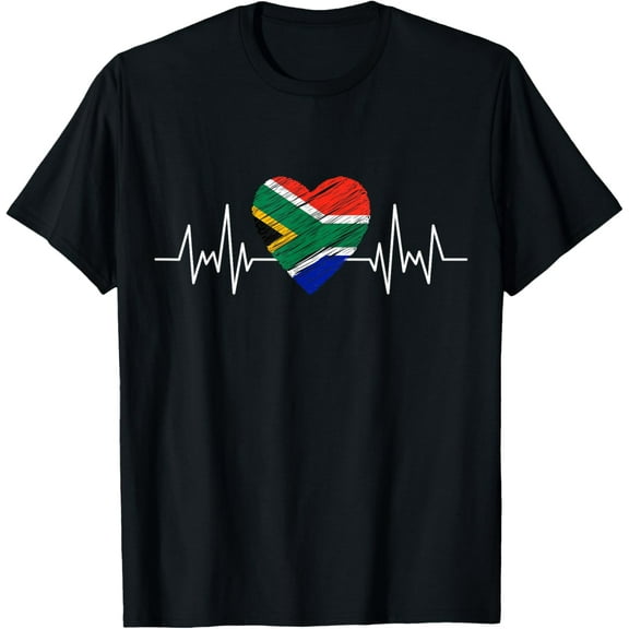 South Africa Flag With Heartbeat Pride Grunge African Flag T-ShirtMen and women, Black T-shirt, size: Extra large S-4XL