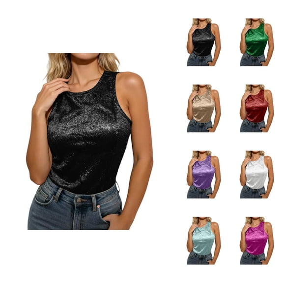 Shiny Metallic Tank Tops for Women Lightweight Casual Crewneck Sleeveless Shirt Summer Outfits