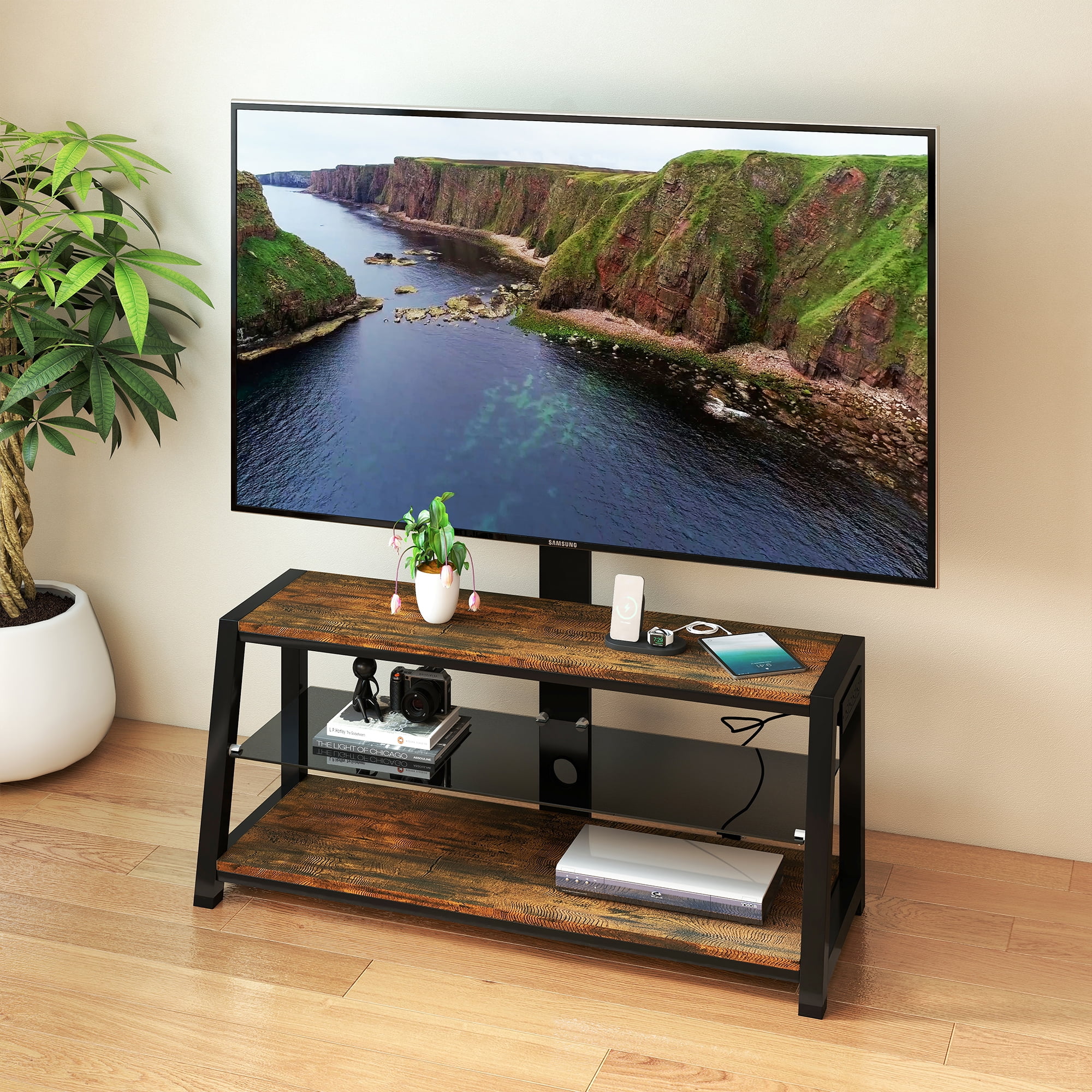 New 45.6 inch Wooden Storage TV Stand Black Tempered Glass Height Adjustable Universal Swivel Entertainment Center With Mount TV Stand, Rustic Browm