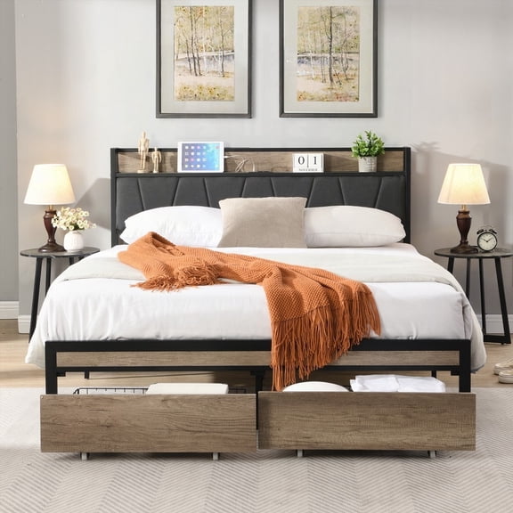 Modern Metal Platform Bed Frame featuring Upholstery Storage, Wooden Headboard & Footboard, Easy Assembly & 13" Under Bed Space