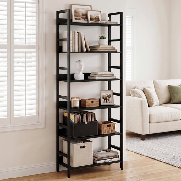 6 Tier Bookshelf with Adjustable Shelves, 71'' Tall Industrial Storage Shelf for Living Room, Black