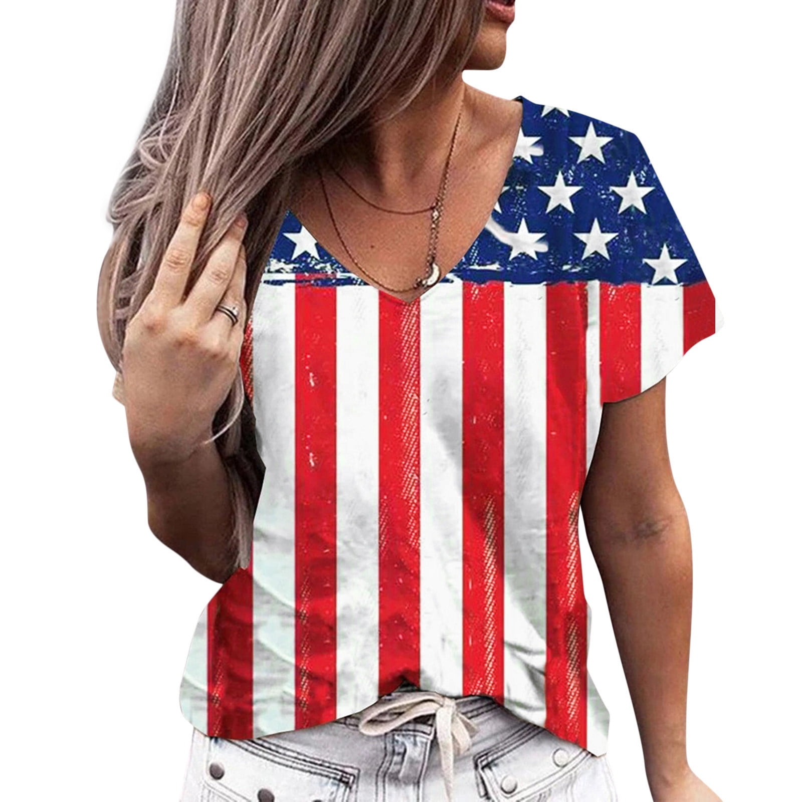 Independence Day Womens Hand Painted American Flag Shirt V Neck Tee ...