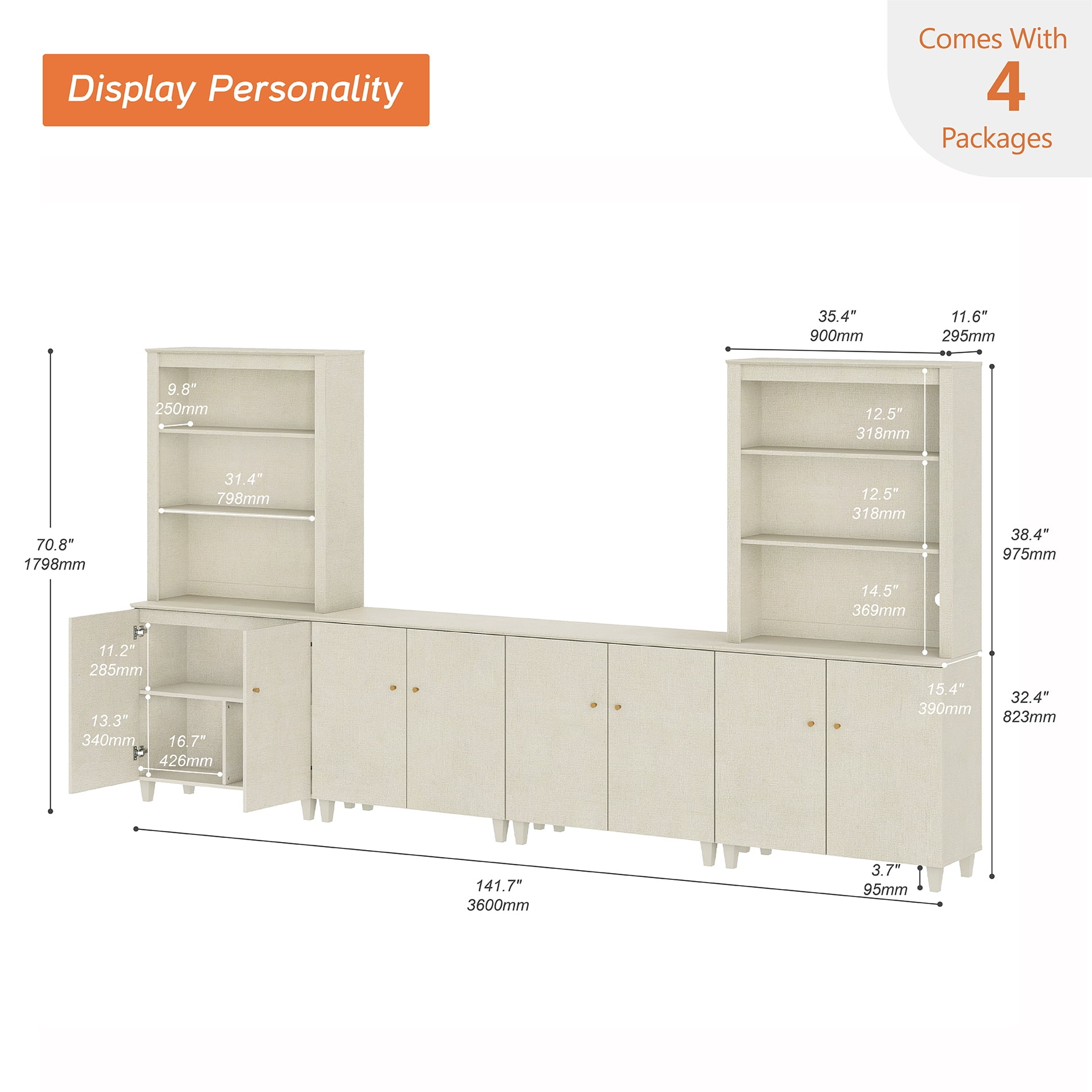 WAMPAT Entertainment Center with Bookshelves and Cabinets for 75" TVs, Beige