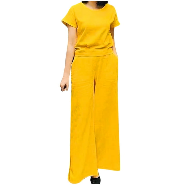 Hauts à Manches Longues pour Femmes, Col Rond, Manches Courtes, Pantalons à Jambes Élargies, Ensemble de Pantalons Longs, Hauts à Manches Courtes pour Femmes, Pantalons en Coton et Lin pour Femmes