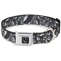 Grateful Dead Pet Collar, Dog Collar Metal Seatbelt Buckle, Steal Your Face Stacked Gray, 11 to 16.5 Inches 1.0 Inch Wide
