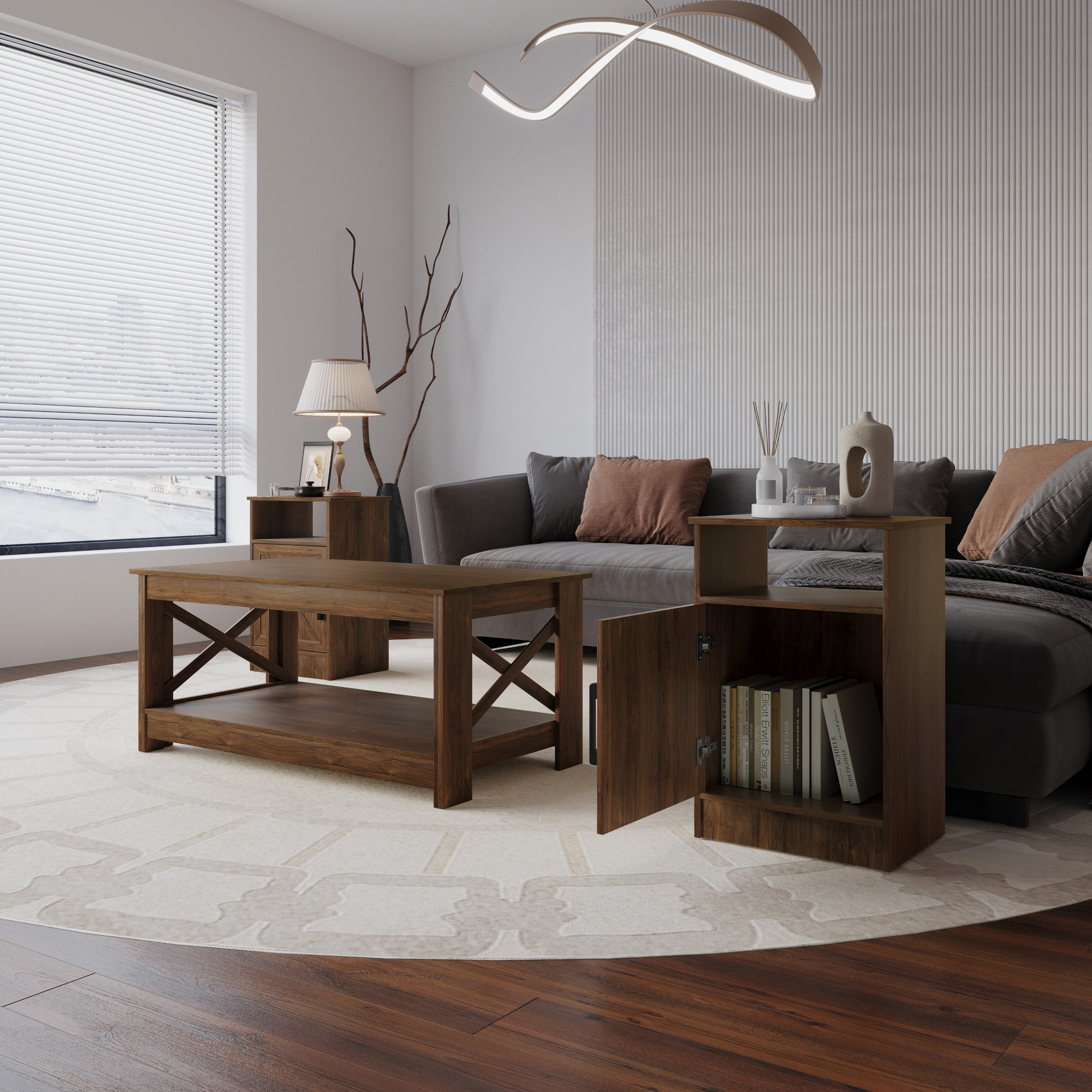 Home Design Lebanon 3 Piece Coffee Table Set - Includes coffee table and 2 end tables, With Soft-Close Doors, Brown, Easy Assembly