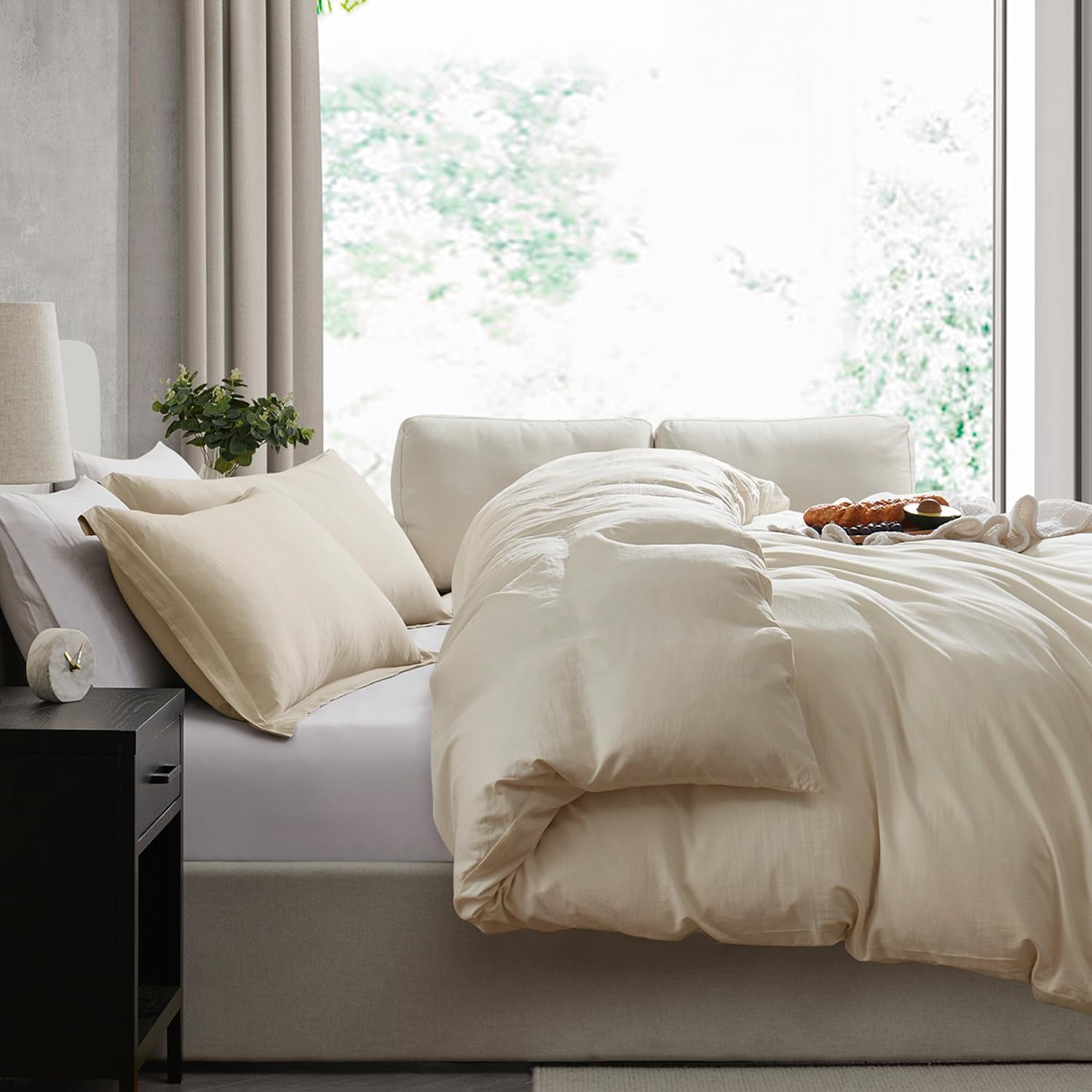 Virtu 3-Piece Duvet Cover Set, Soft Prewashed Bedding Set California King with Pillow Shams, Beige Cream