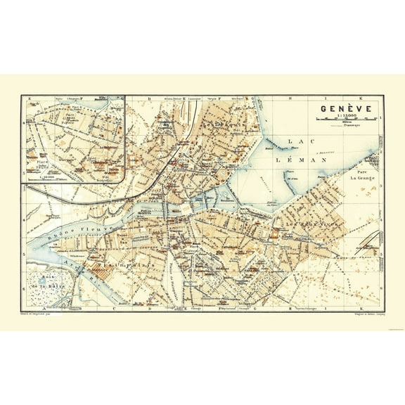 Historic Map - Geneva Switzerland - Baedeker 1921 - 36.25 x 23 - Vintage Wall Art