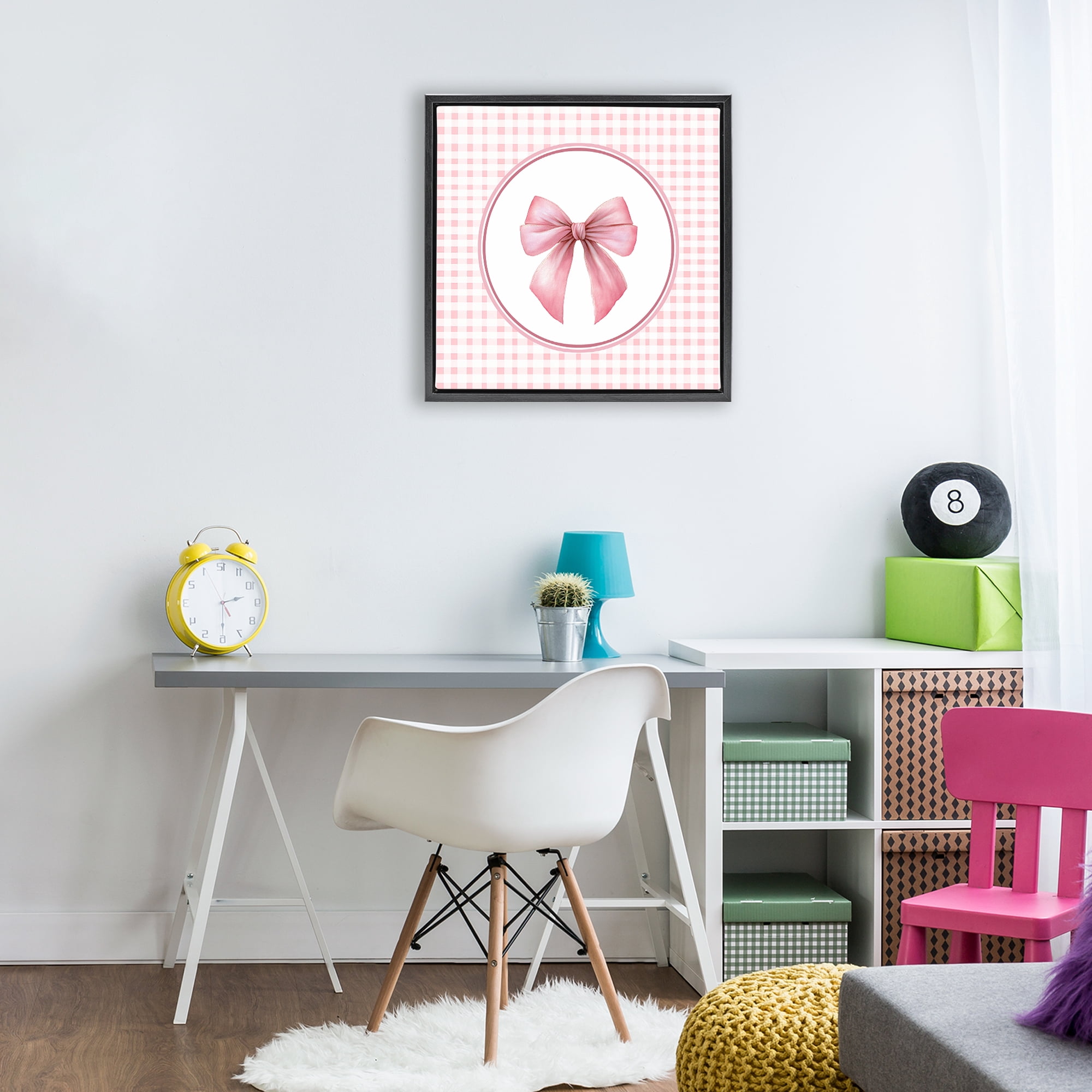 Stupell Industries Pink Bow with Circular Gingham Black Framed Floater Canvas Wall Art, design by Christine Simpson Art