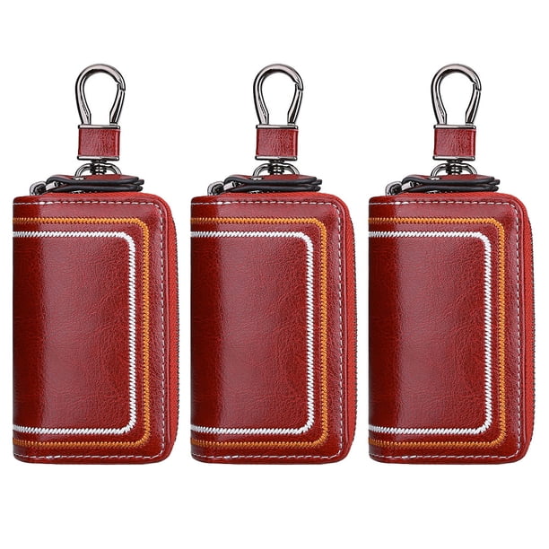 Soporte de cuero para llavero de coche, gancho de metal y cremallera para llavero, bolso multifuncional para llaves de puerta de piel de vaca