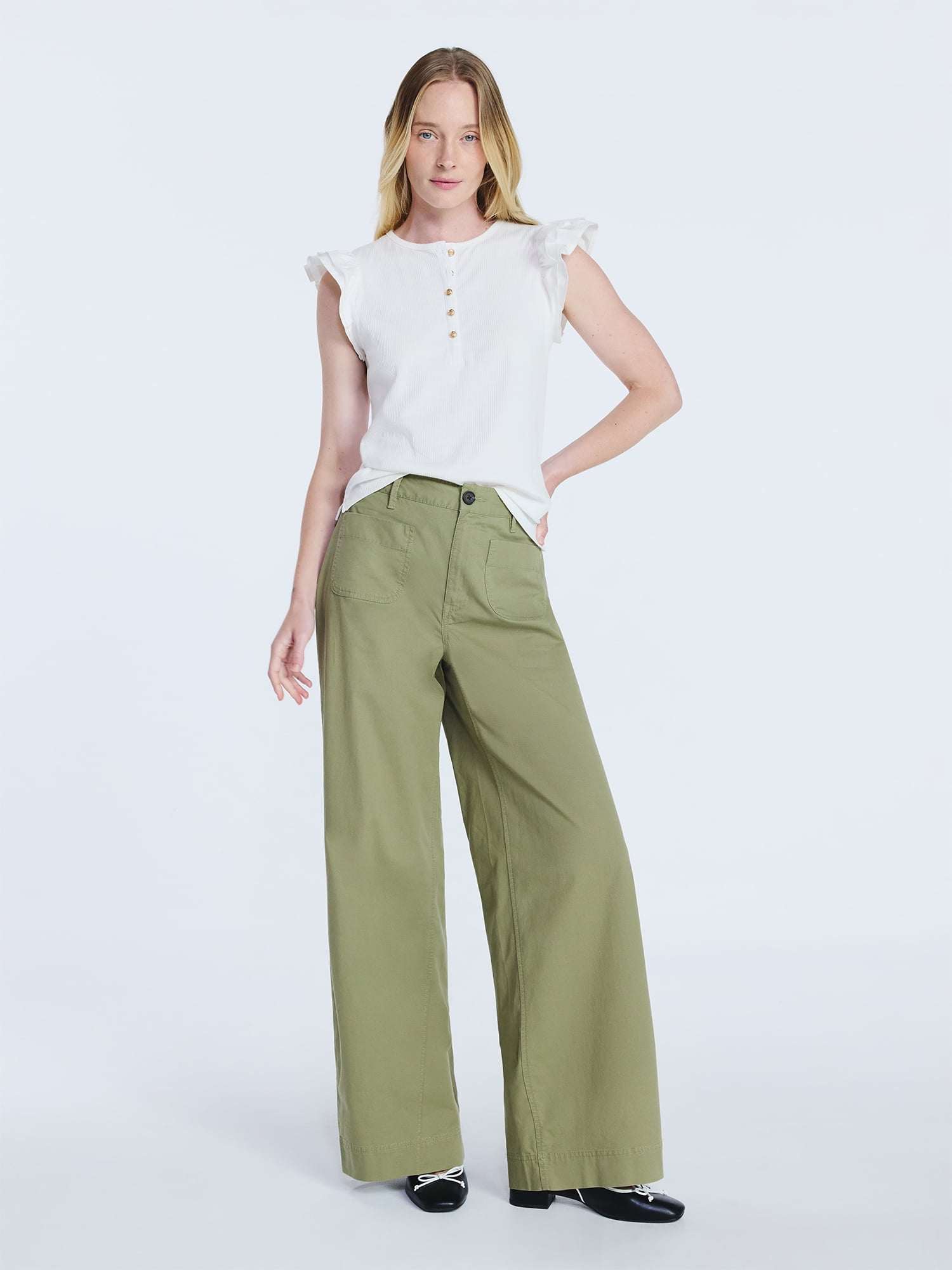 Free Assembly Women's and Women’s Plus Flutter Sleeve Henley Top, Sizes XS-4X