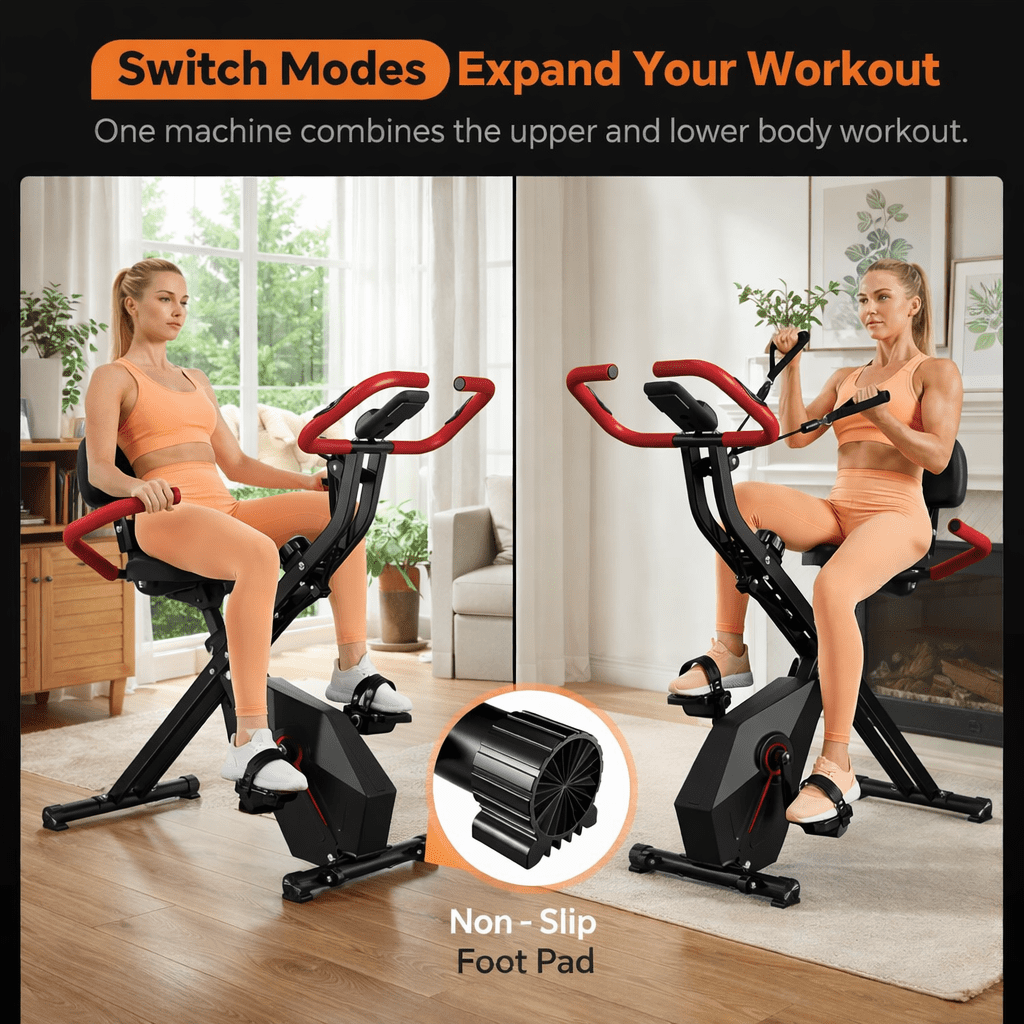 USLIM Foldable Exercise Bike for Home with Arm Resistance Bands, Quiet Magnetic Stationary Bike, LCD Monitor, 300 lb Capacity