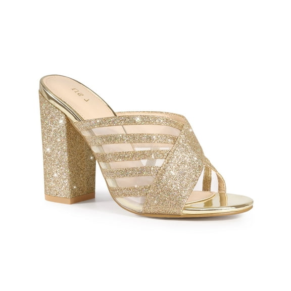 BLISSFUL STEP Women's High Chunky Heel Open Toe Sandals gold 5.5