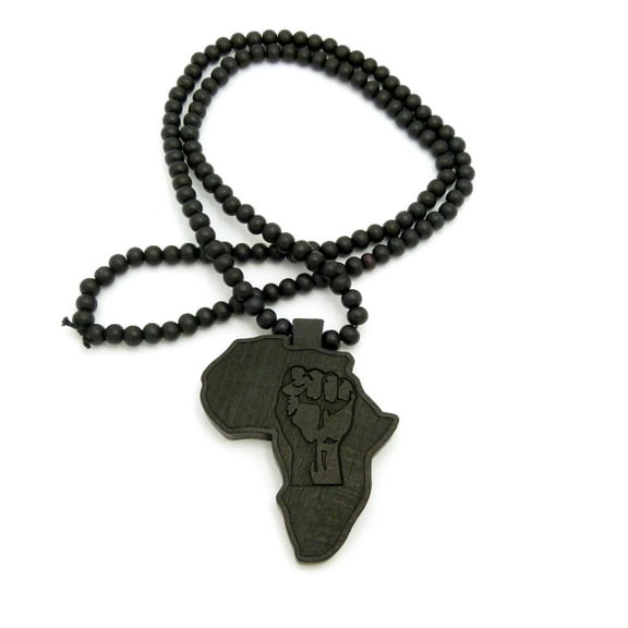 Power Fist Engraved Wood Africa Continent Pendant w/ 8mm 36" Wooden Bead Chain Necklace, Black