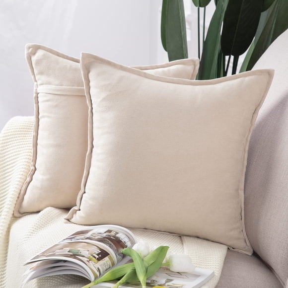 MADIZZ Set of 2 Short Chenille Throw Pillow Covers 18x18 Inch Beige Soft Decorative Cushion Cover for Sofa Bedroom Pillow Shell