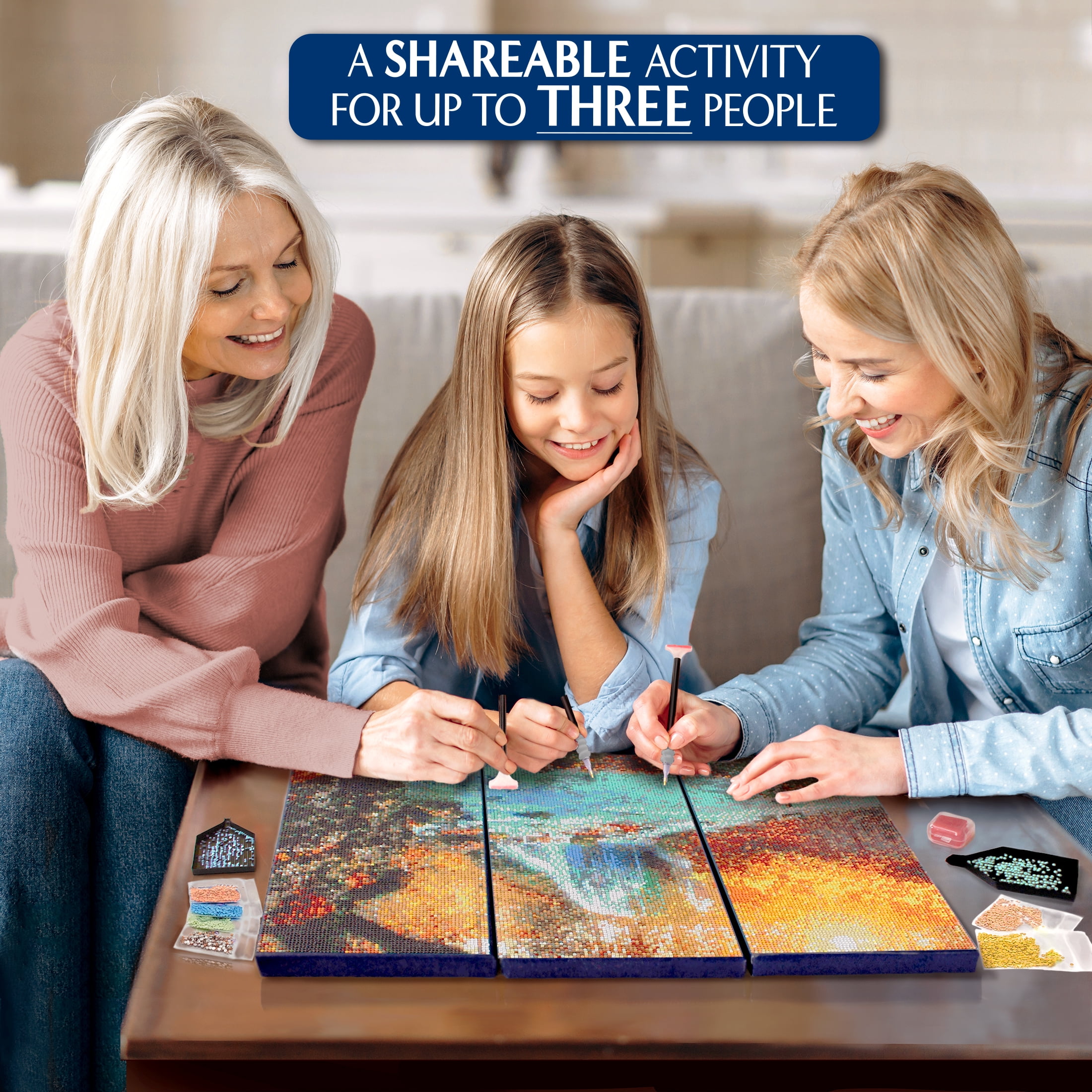 ArtSkills Diamond Painting Kit, Diamond Art Ready to Hang Framed Canvas with Storage and Accessory Kit, Forest, 3 Stretched Canvas Panels, 14” x 7” Each