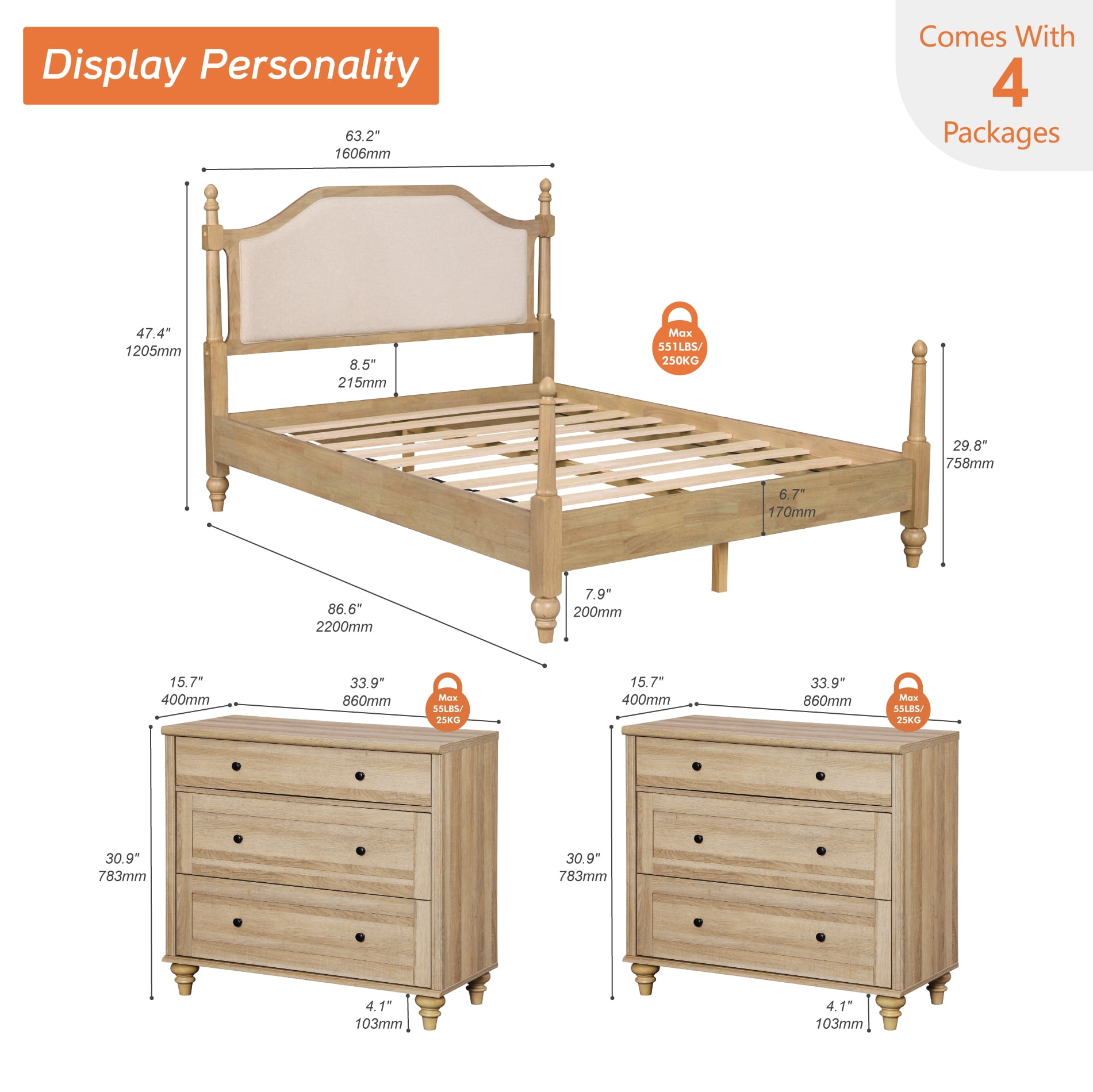 3-Piece Queen Bedroom Set, Wood Platform Bed Frame with Upholstered Headboard & 2 Storage Nightstands, Oak