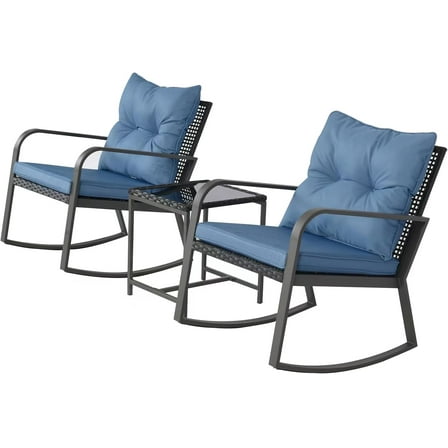 3 Pieces Patio Rocking Chairs Outdoor Bistro Set, Wicker Outdoor Rocker Chair of 2, Porch Sofa Seat Patio Furniture Conversation Sets with Tempered Glass Top Coffee Table & Cushions, Dark Blue