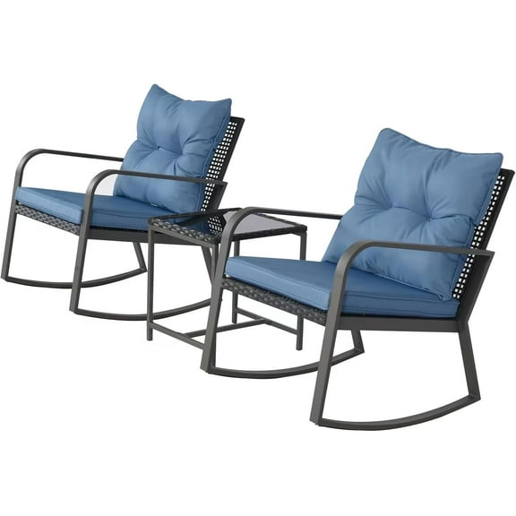 3 Pieces Patio Rocking Chairs Outdoor Bistro Set, Wicker Outdoor Rocker Chair of 2, Porch Sofa Seat Patio Furniture Conversation Sets with Tempered Glass Top Coffee Table & Cushions, Dark Blue