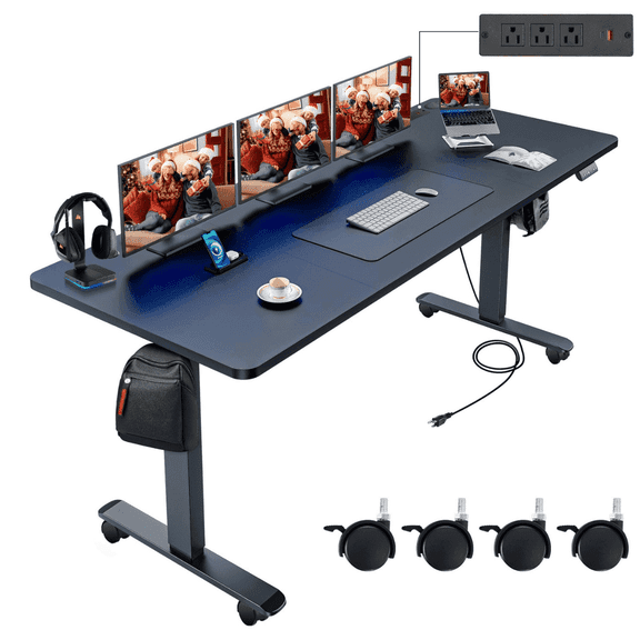 Legooin 70"W Electric Standing Desk with Wheels Computer Desk with Power Strip Mobile Workstation Height Adjustable 28"-46" for Office Home, Black