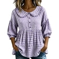 thumbnail image 3 of BODOAO Women's 2026 Gingham Peplum Blouse, 3/4 Puff Sleeve Button Down Shirt, Lightweight Breathable Loose Fit Cute Casual Top for Summer Fall Daily Wear Outfits Purple 3XL, 3 of 4