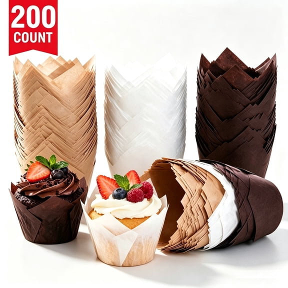 Tulip Cupcake Liners, 3 Colors Greaseproof Parchment Paper Baking Cups, Standard Size Muffin Wrappers for Party, Birthday & Holiday Baking, 200 Pcs